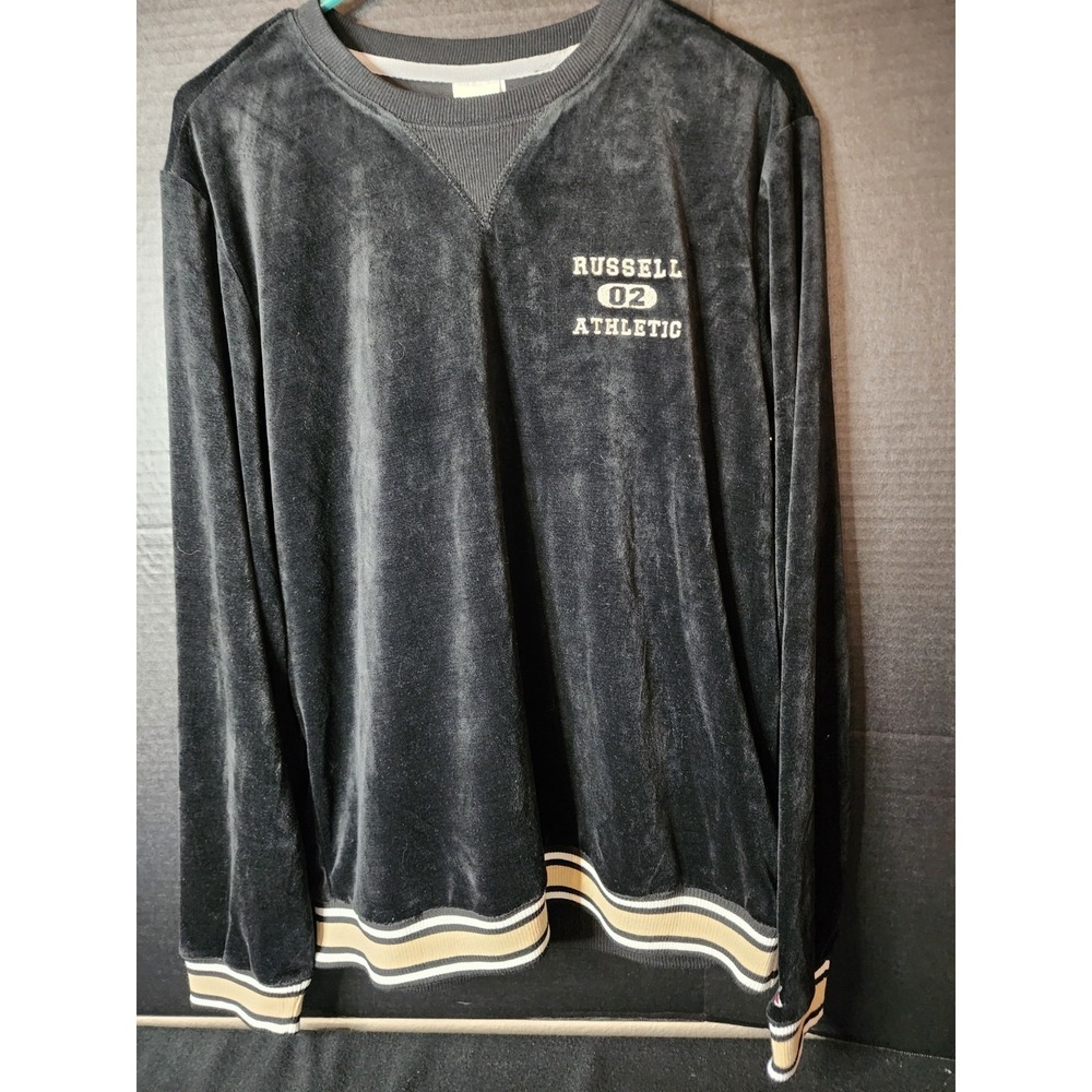 Russell's Black Velour Pullover Crewneck White Stripe Banded Jersey Med. NWT